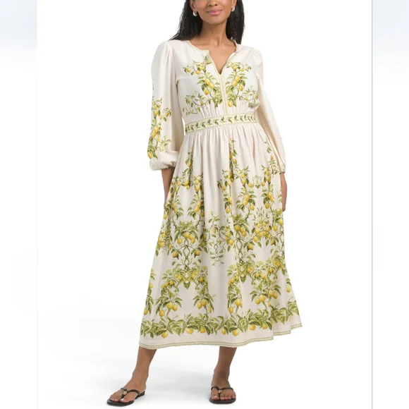 chinese dress ladies Max Studio London Womens Printed Bishop Sleeve Midi Dress Tan L at Amazon  Women's Clothing store main image 1